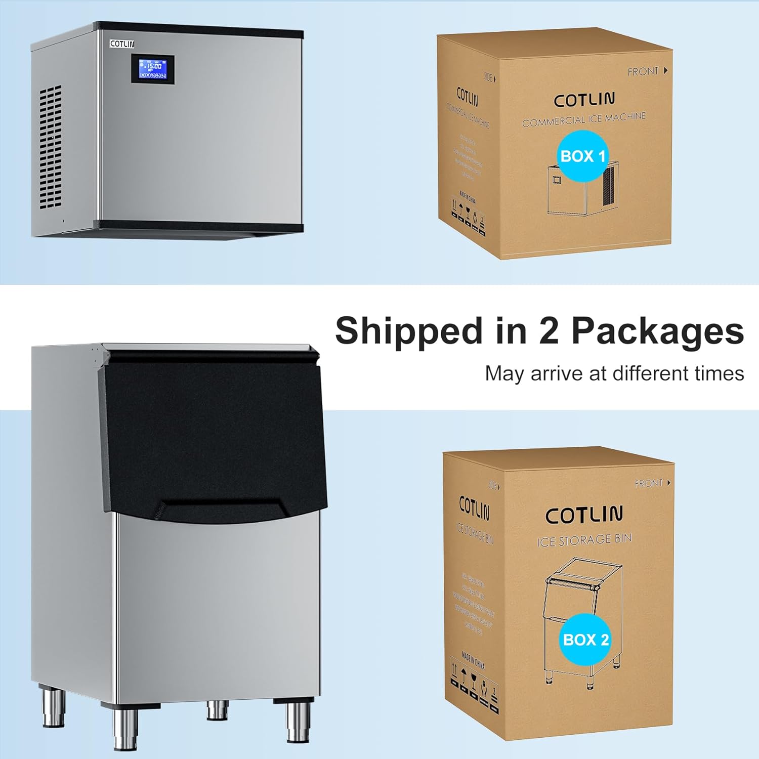 COTLIN Commercial Ice Maker, 550LBS/24H with 350LBS Storage, Commercial Ice Machine with Self-Cleaning, Ice Ready in 5–15 Min, Timing Function, Ice Thickness Adjustment, Stainless Steel, ETL Approval