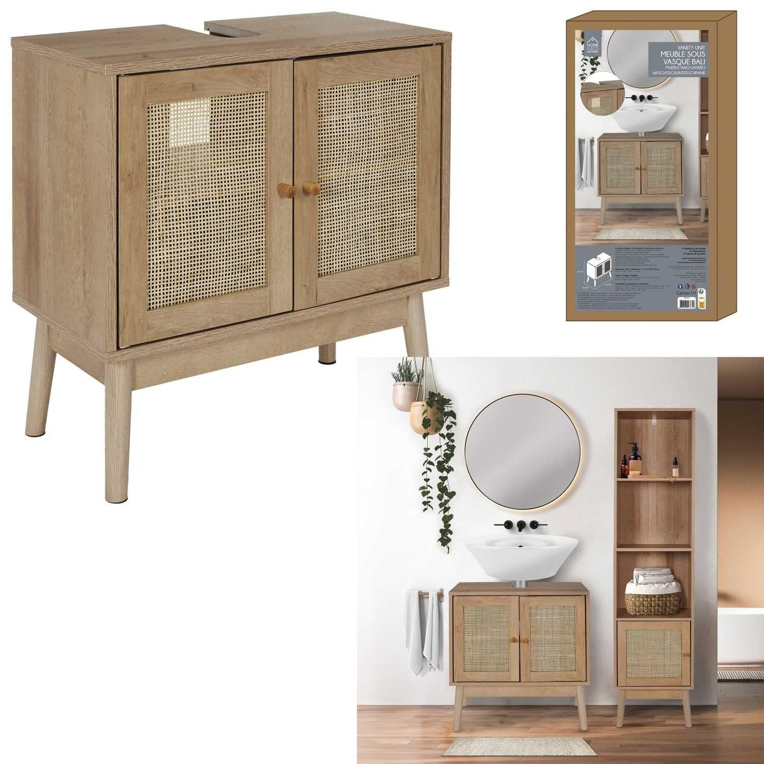 HOME DECO FACTORY - HD0227, Mueble Bajo Lavabo, Modelo Bali, Colección Natural Crush, Mobiliario, Mueble de Baño, 60 x 70 x 30 cm, Marrón