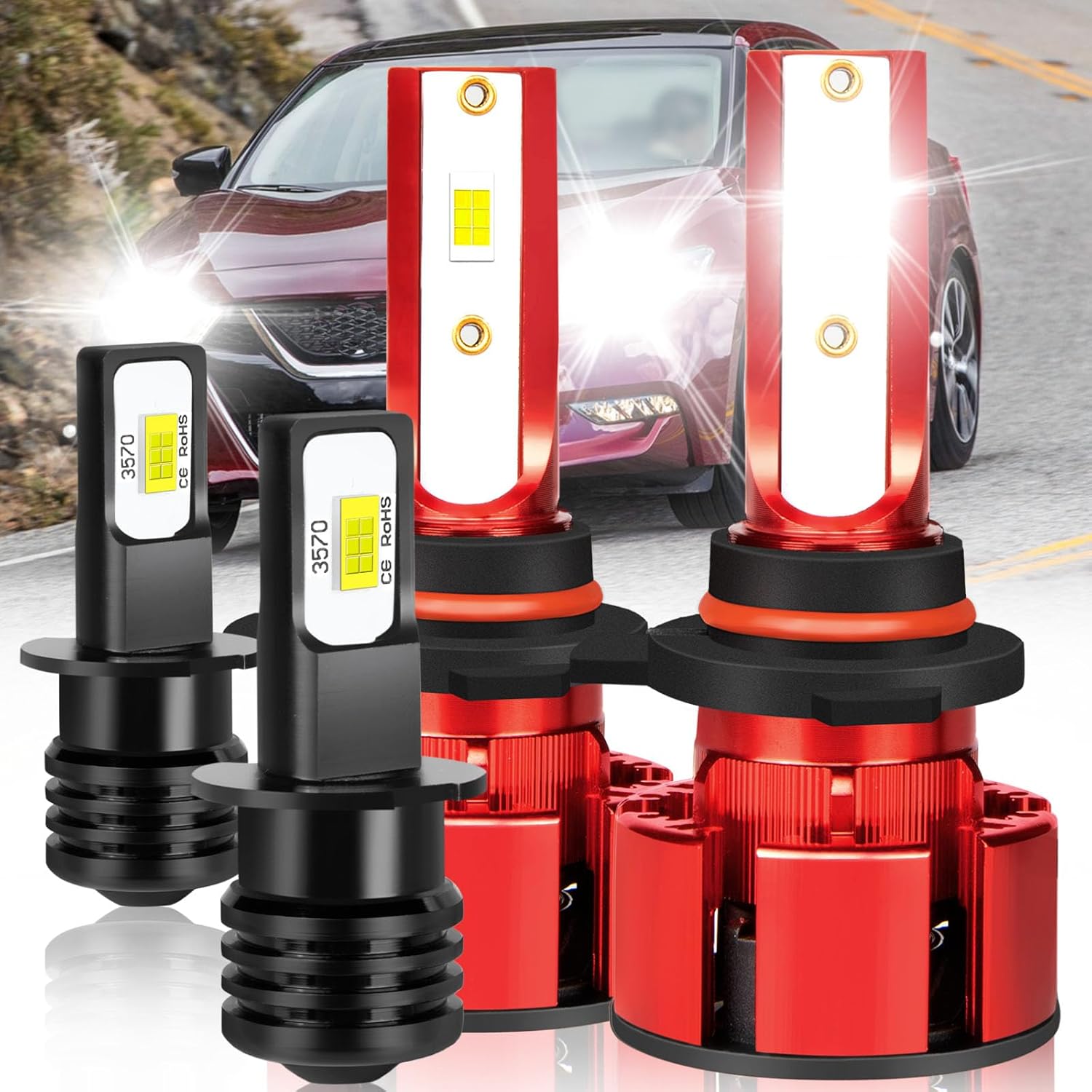 For Nissan Maxima 2009-2014 Light Bulbs, 800% Brightness Hi and Lo Beam+Fog Light Bulbs, with 20,000-rpm Quiet Turbine Cooling Fan, Superfocused Beam Mode, 6500K, 36000LM Super Bright, 6PCS