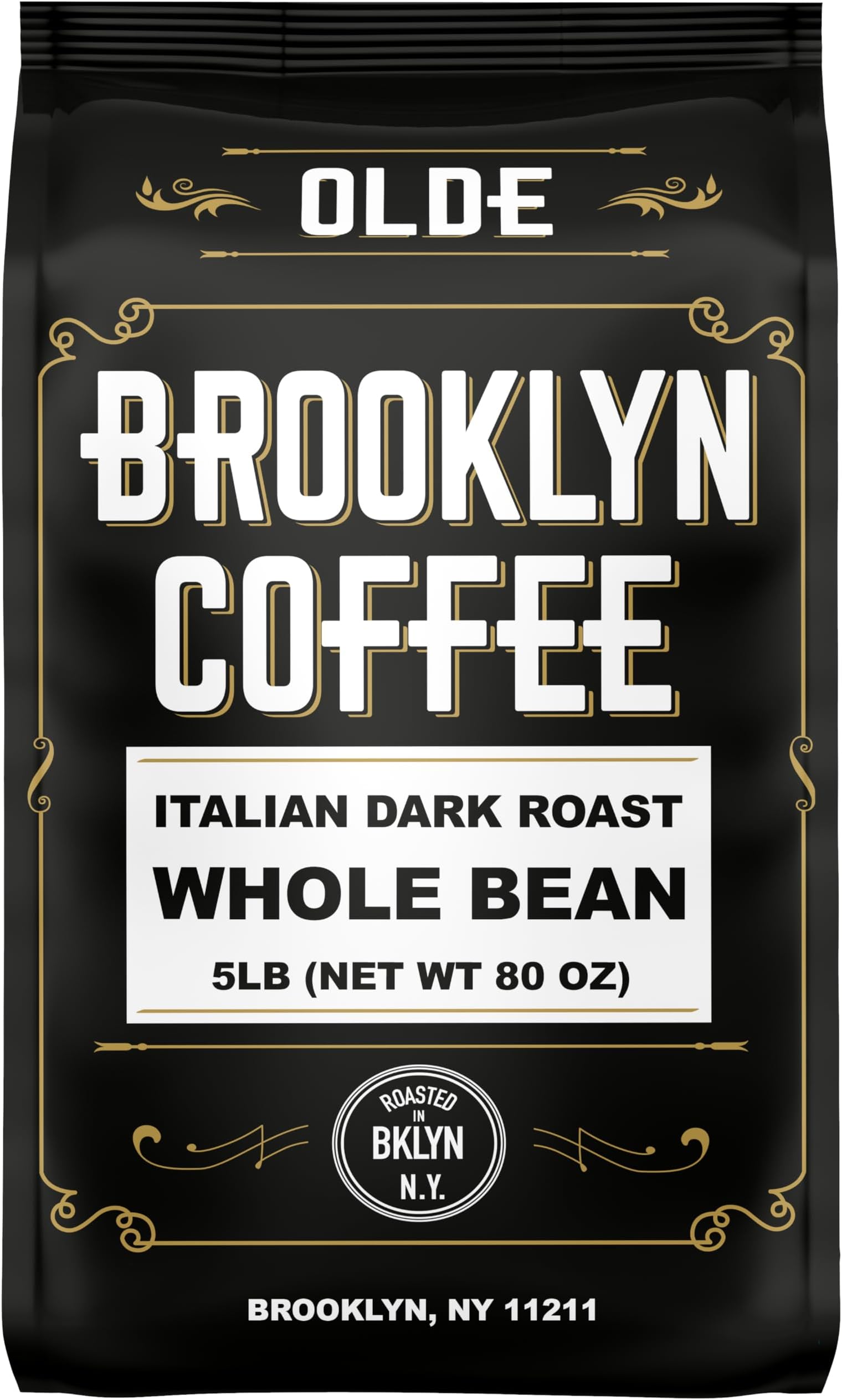 BROOKLYN COFFEE Whole Bean, Italian Dark Roast (5lb) Extra Strong, Delicious Taste, Heavenly Aroma - Fresh Bulk Coffee Beans Roasted Weekly in NYC