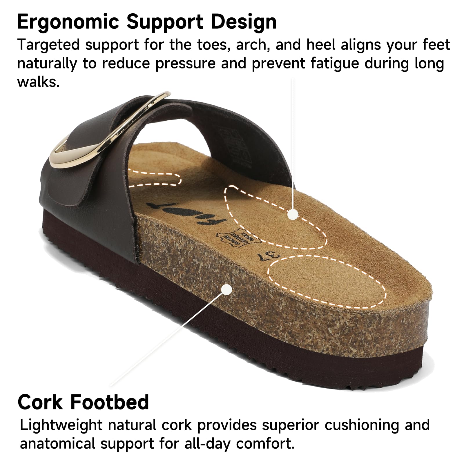 Sandales Femme Grande Boucle Métallique Semelle Cuir Véritable Mousse à Mémoire de Forme Mules en Liège Antidérapantes 36-42