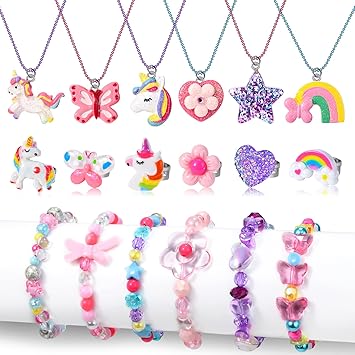 Lorfancy 18 PCS Kids Jewelry for Girls Bracelets Necklaces Rings Set Toddler Unicorn Butterfly Beaded Bracelet adjustable colorful Friendship Dress up Jewelry Gifts (A)
