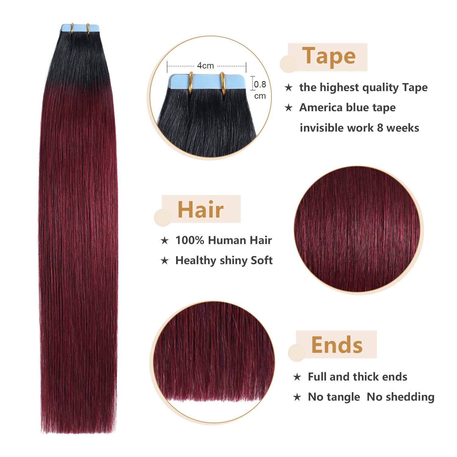 Amazon.com : Yilite Dark Red Tape in Hair Extensions Human 