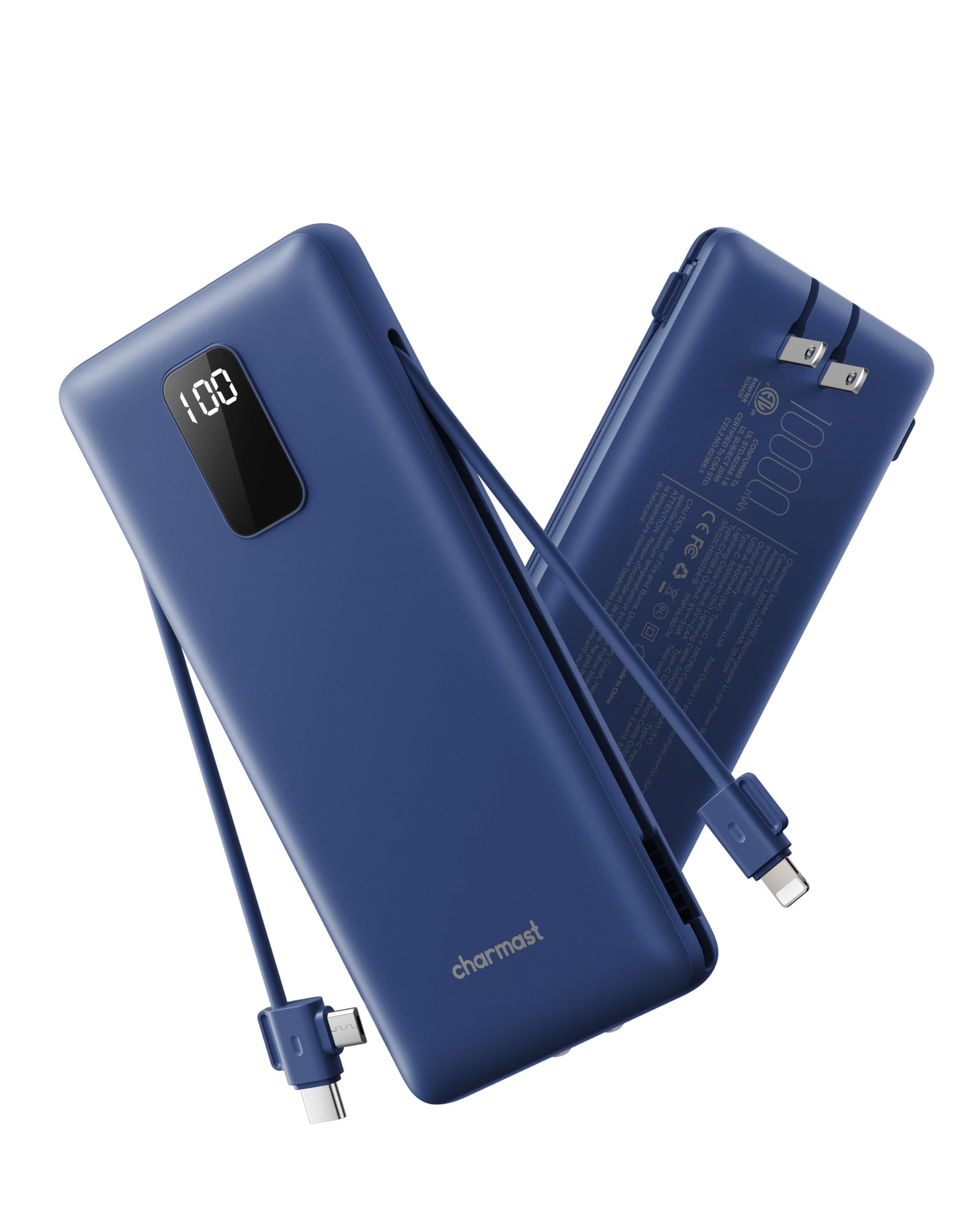 charmast Portable Charger with Built-in Cables and Plug, 10000mAh USB C Power Bank Fast Charging, External Battery Pack Slim, Travel Essentials Compatible with iPhones, Samsung Galaxy, iPad - 1