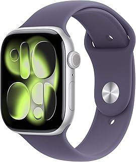 Apple Reloj inteligente de la serie 11 [GPS 1.811 in] con caja de aluminio plateado con correa deportiva de niebla morada - M/L. Puntuación de sueño, rastreador de fitness, monitoreo de salud