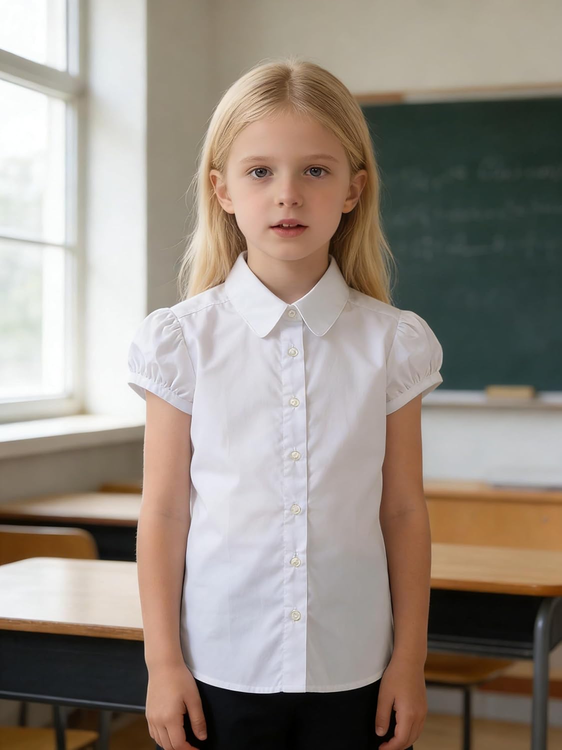 Bienzoe Girls Shirt Short Sleeve: White Button Up Kids School Uniform Cotton Oxford Collar Puff Dress Blouse - Image 2
