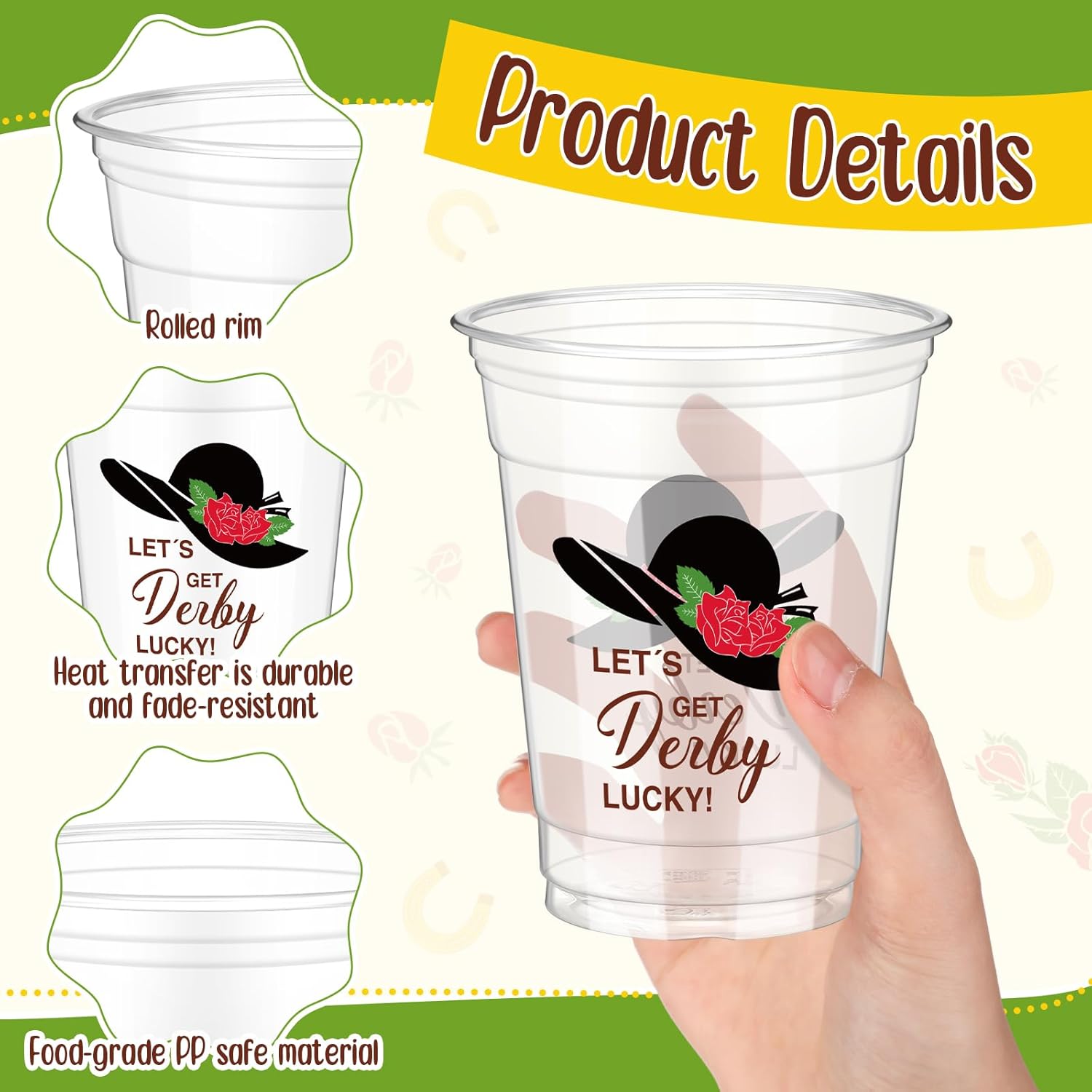 Sliner 100 Pcs Derby Disposable Plastic Cups Bulk 12oz Clear Horse Racing Party Cups Drinking Plastic Tumblers for Mint Julep Derby Day Party Supplies