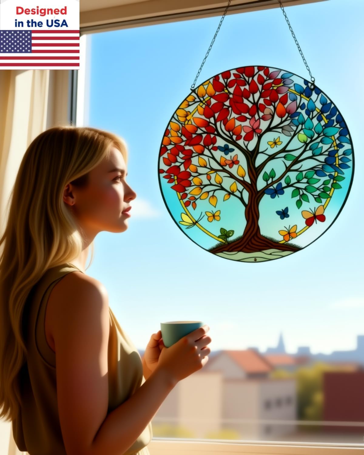 Stained Glass Sun Catcher for Windows Hanging - Handmade Tree of Life Window Decor for Women, Mom, Indoor/Outdoor Suncatchers for Home Garden, Christmas Wedding Housewarming Gift (6.31x6.31In) - Image 3