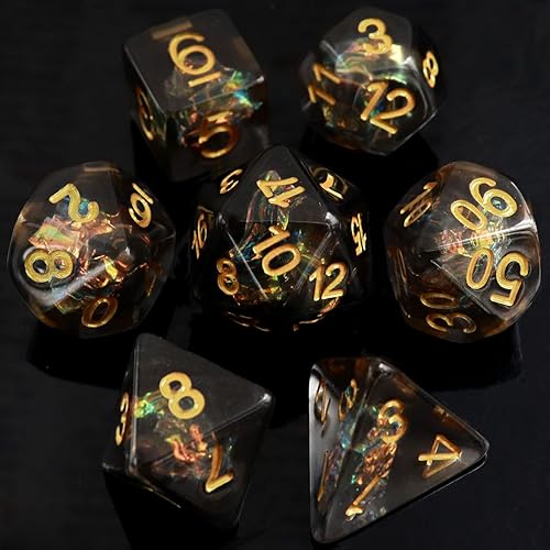Miniatura 2 de Haxtec Juego de 7 dados DND negros rellenos de resina poliédrica D&D con inclusión de Mylar iridiscente para juegos de rol, dados de mazmorras y