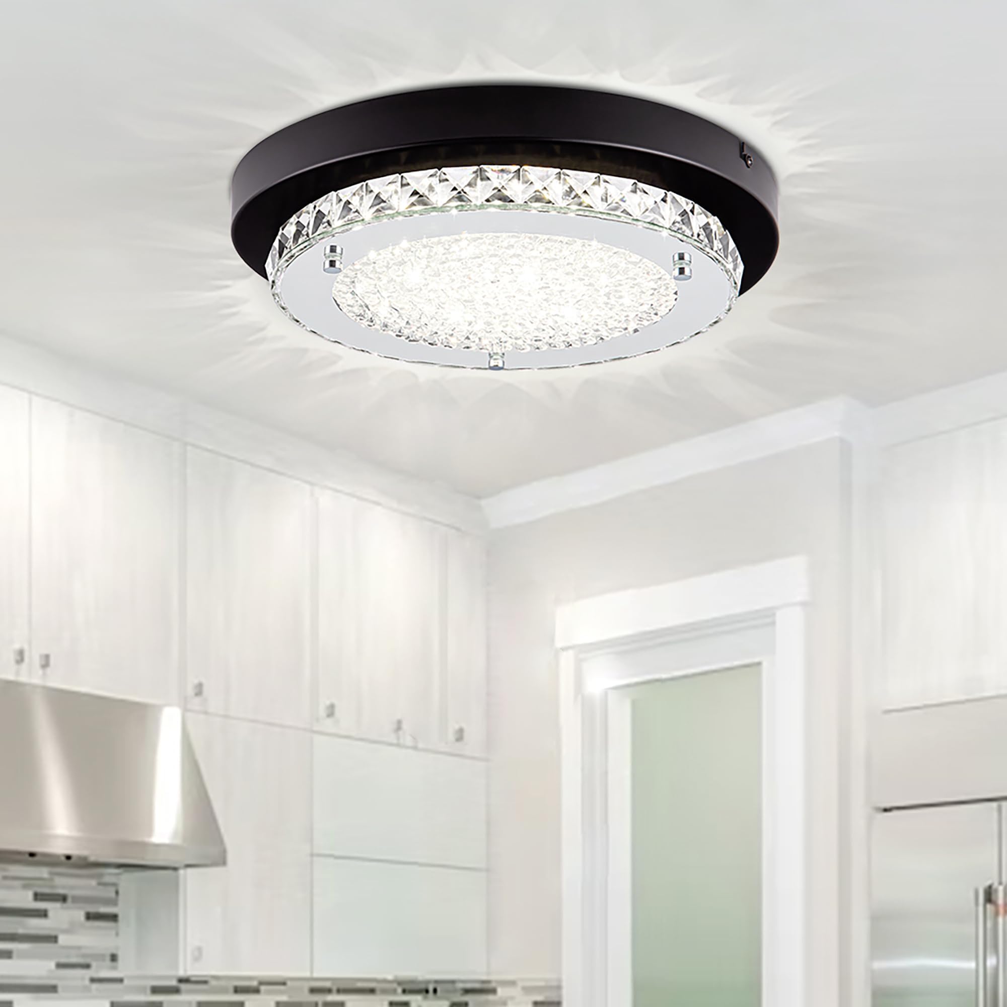 Crystal Flush Mount Ceiling Light Fixture 13 Inch LED Bathroom Ceiling Light Dimmable Black Hallway Light Fixture Round Close to Ceiling Light Small Crystal Chandeliers for Kitchen Launtry 4000K