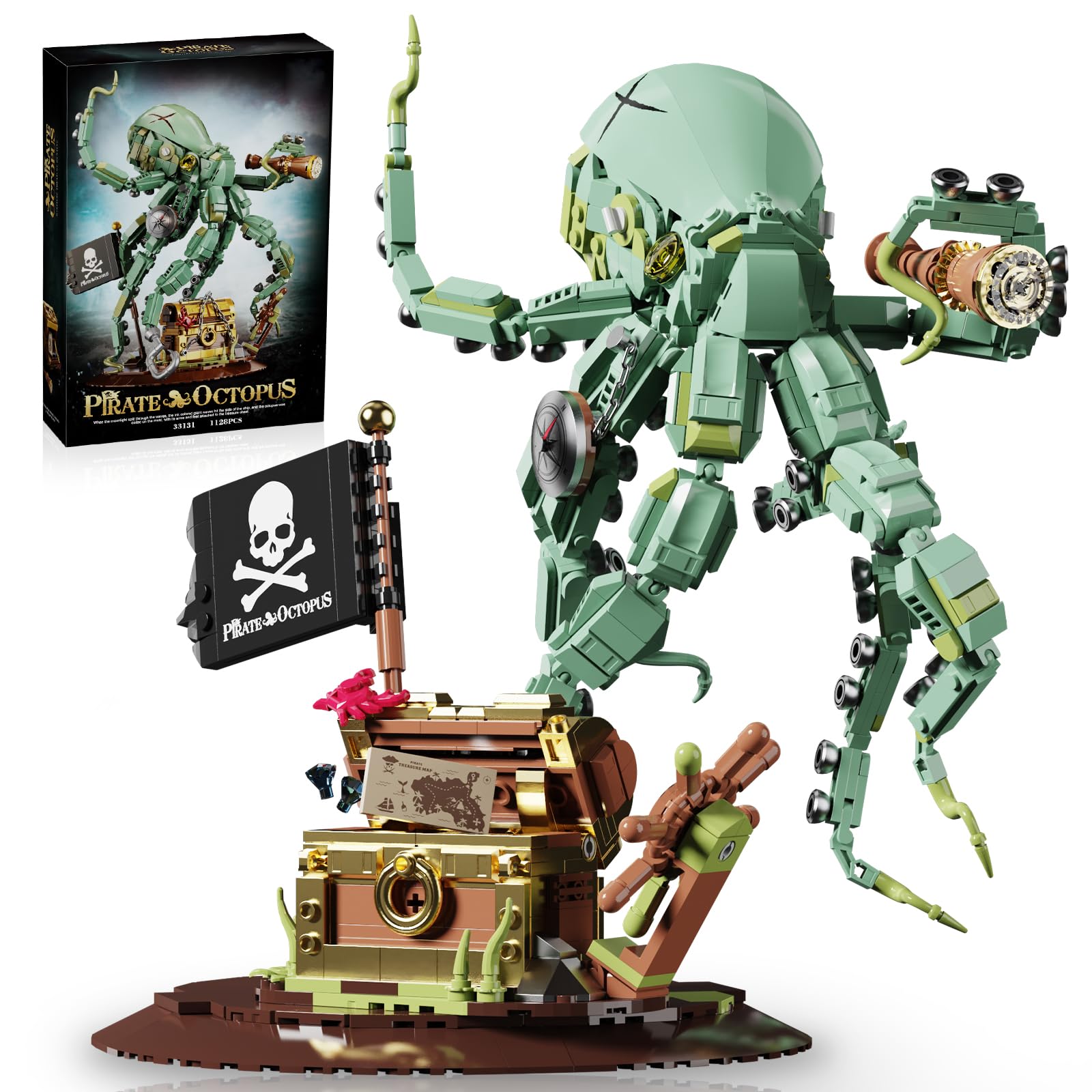 Vziimo Octopus Pirate Building Set, Ideas Pirate Deep Sea Animals Model Kit with Adjustable Tentacles and Treasure, Home or Office Decor Gift for Teen Adults 14+ (1128 PCS)