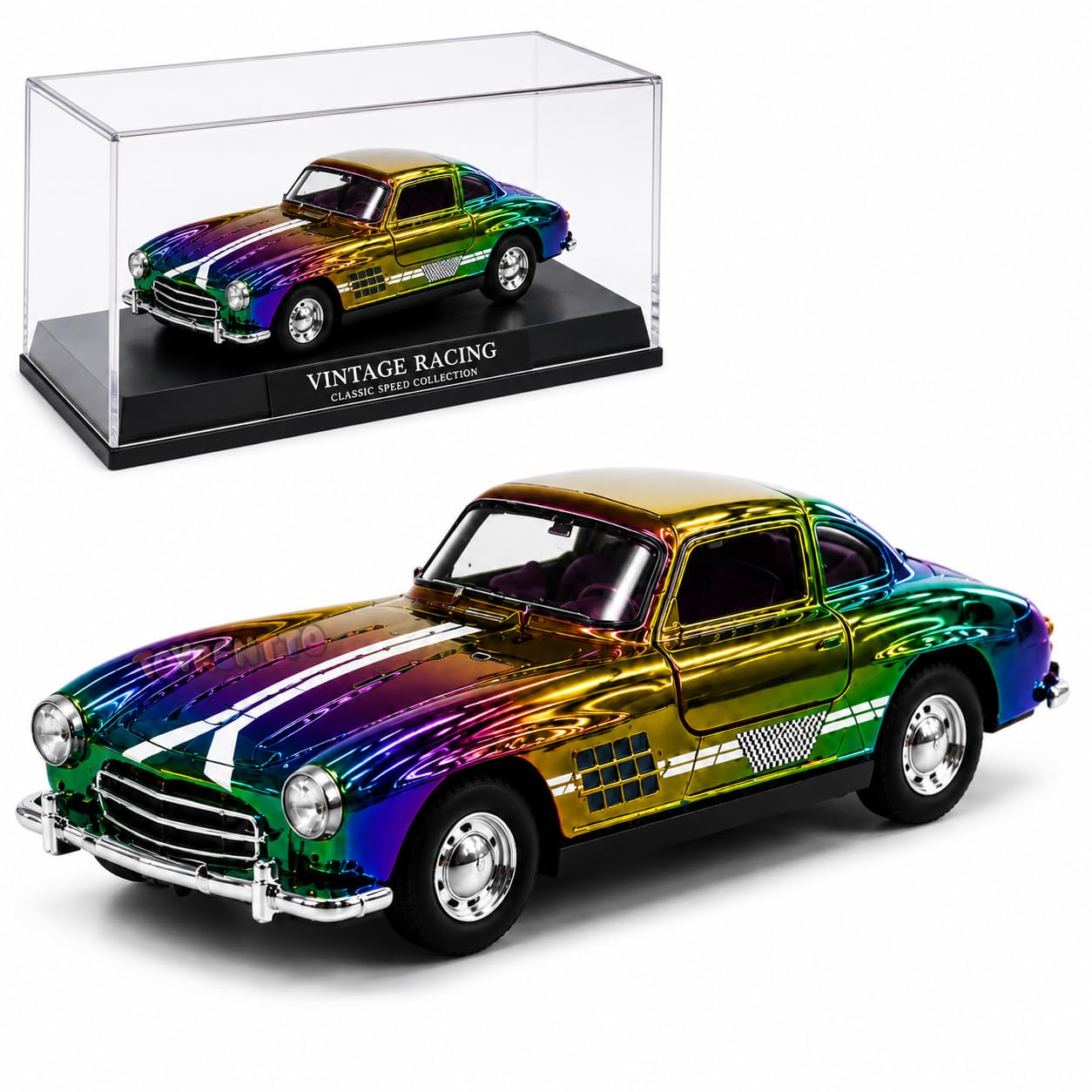 1:36 Rainbow Chrome Classic Sports Coupe Die-Cast Pull Back Car with Opening Doors & Acrylic Display Case for Kids and Collectors-image-19