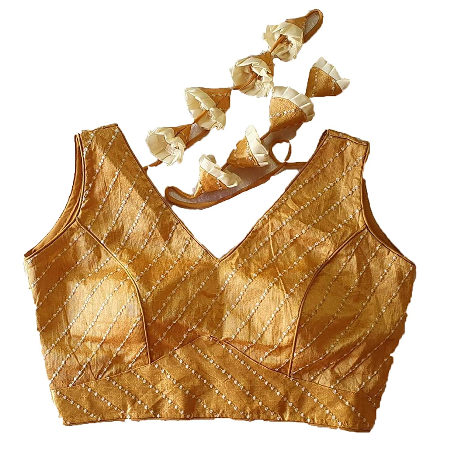 Pujia Mils Women's Silk Solid Sleeveless Blouse (Leheriya Blouse_Gold_36)
