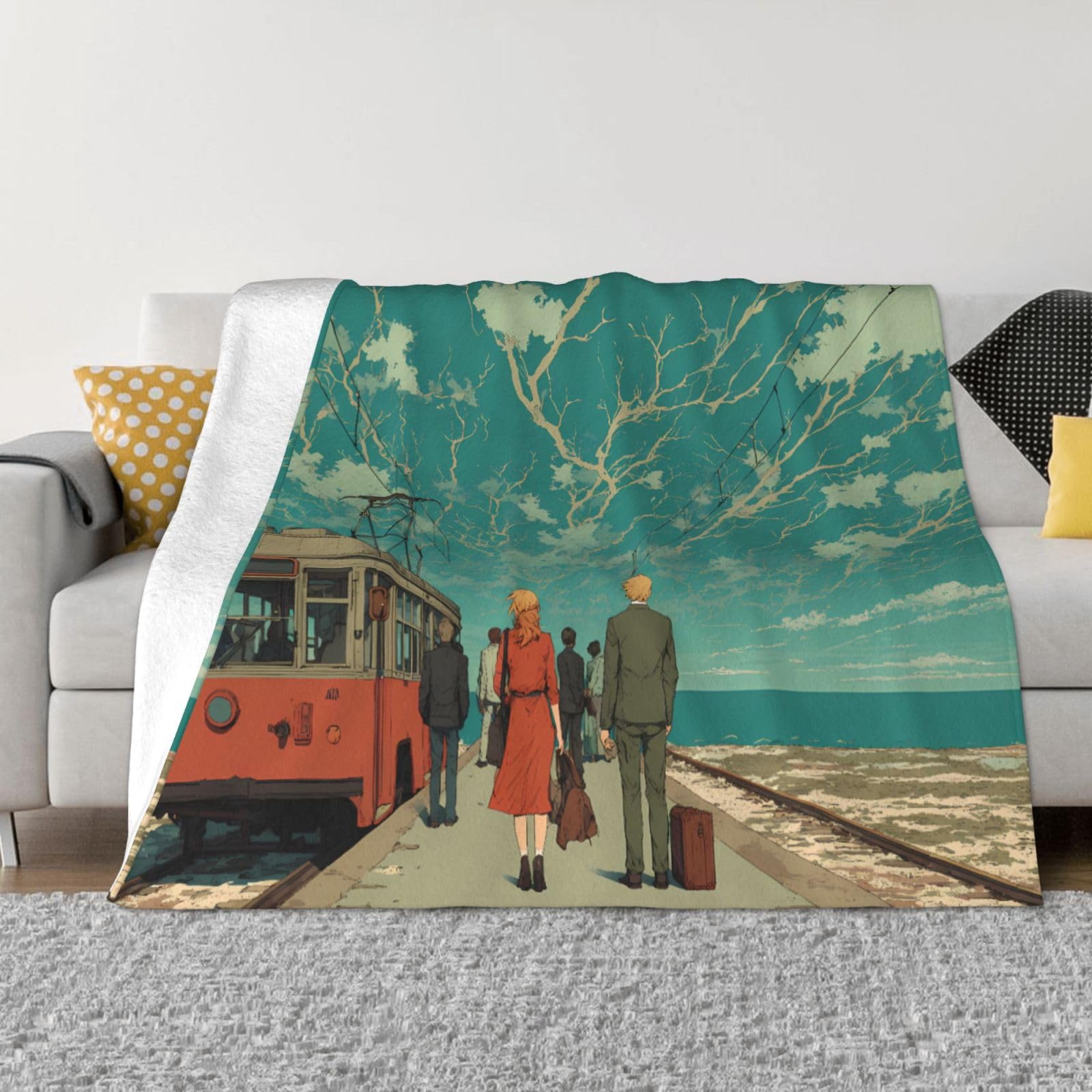 Manta de viaje portátil de 80 x 60 pulgadas, suave, resistente a las arrugas, plegable, exquisita impresión de teleférico junto al mar