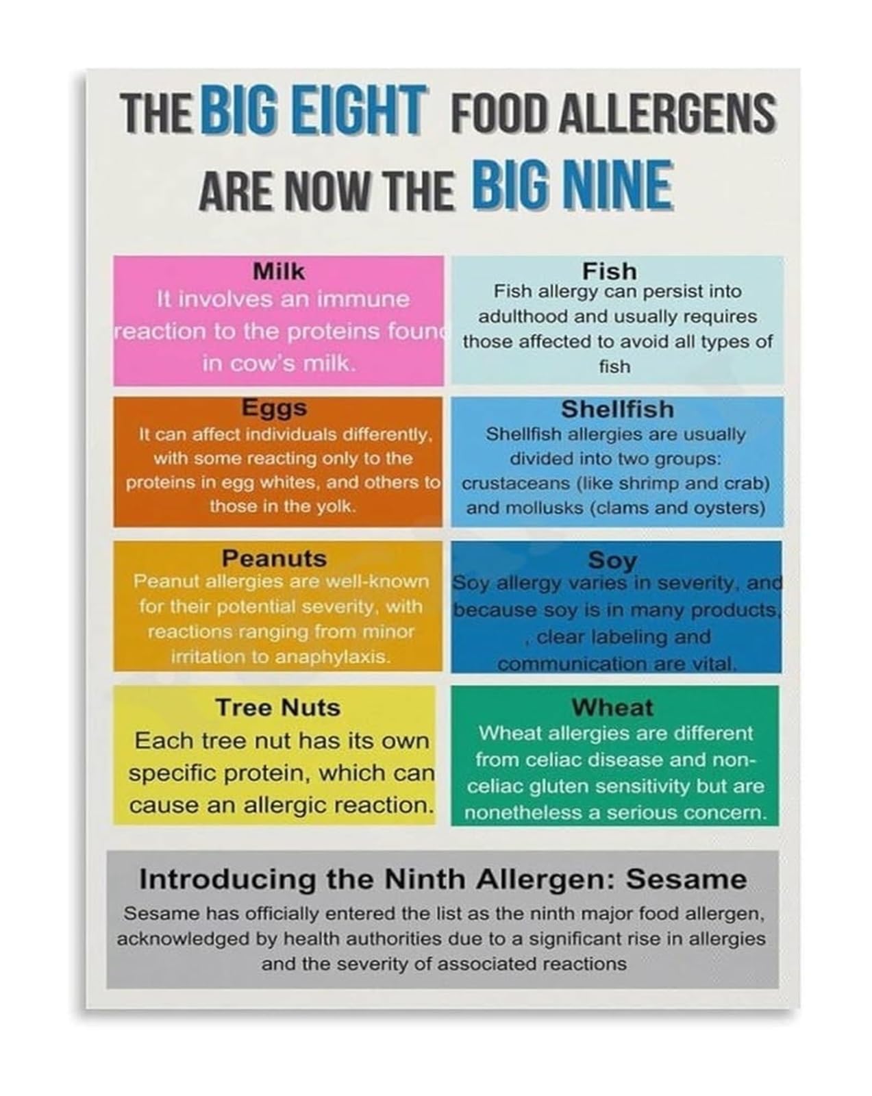 ZDVHOMCB Must Know Food Allergens List Educational Canvas Wall-Art for College Dorm Shared Kitchen Decor Framed,08x12inch(20x30cm)