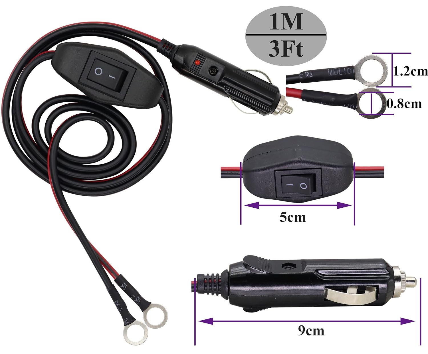 (2 Pack) 16AWG Cigarette Lighter Male to 8mm O Ring Eyelet Terminal Cable 12V O Ring Plug Power Charging Cable for Car Inverter Air Pump Sprayer Compressor with Fuse and Switch(1M/3Ft-O Ring) image 2