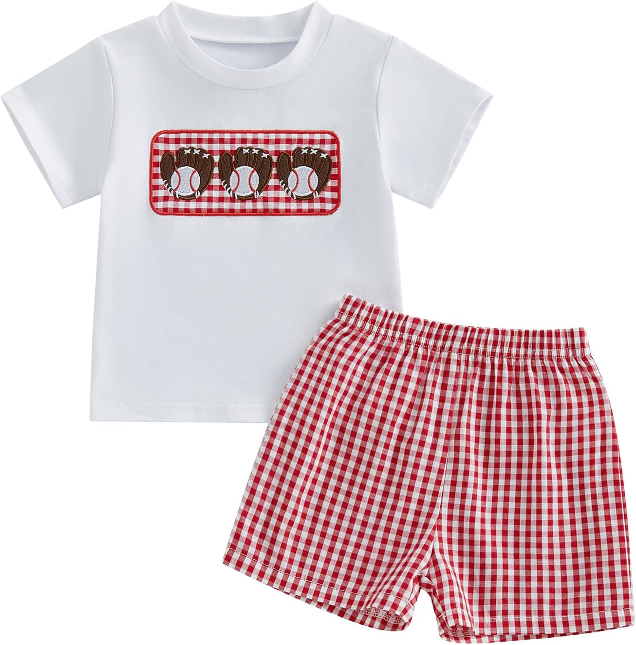 Toddler Baby Boy Summer Clothes Short Sleeve Embroidery Baseball T-shirt & Plaid Shorts Set 2 Piece Outfit