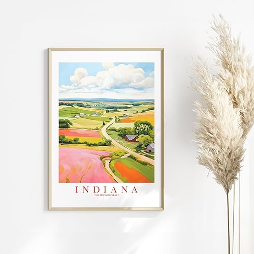 Miniatura 7 de Indiana Travel Print Hoosier State Souvenir Nature Green Pink Orange Wall Art Retro Poster Red Barn Landscape Painting (8x10 inches)