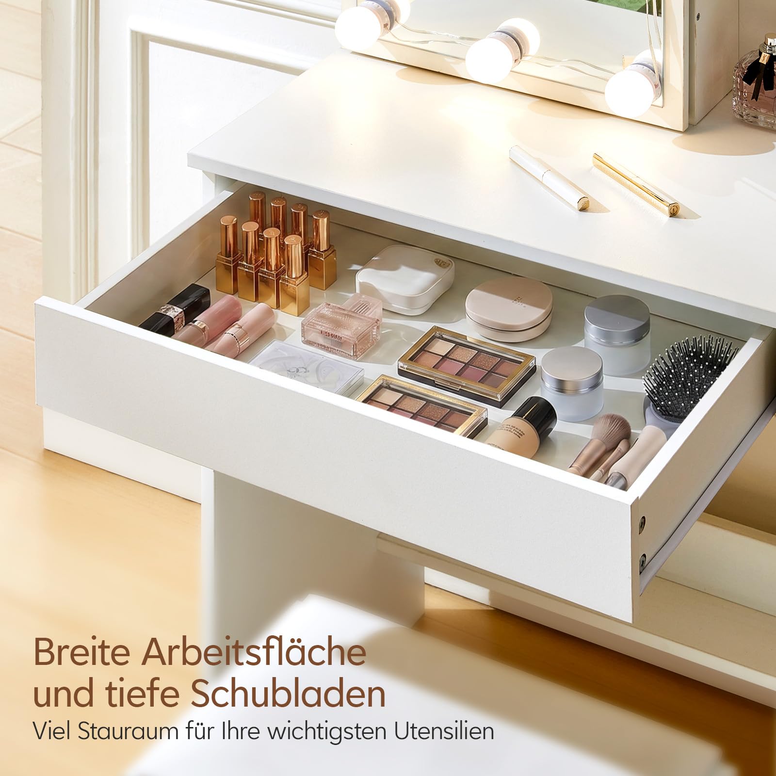TUKAILAI Schminktisch mit Beleuchtung, Weiß Kosmetiktisch mit Schiebespiegel, Großer Schublade & Regalen, Frisiertisch Schmal mit Stuhl klein Schminktisch für Schlafzimmer 60x40x130cm
