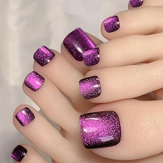 Handmade Purple Aurora Press on Toenails Full Cover Gradient Square Fake Toenails Glossy Purple Solid Color Short Acrylic False Toes Nails Artificial Beach Full Cover Toenail for Women Girls 24Pcs