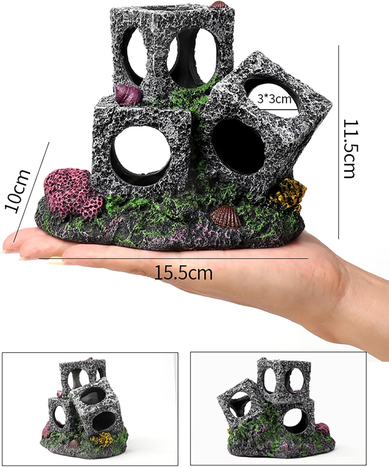 Aquarium Stone Hideaway Decoration,Resin Cichlids Rock Decor Realistic Betta Hideout Shelter Cave Fish Tank Ornament,3 Blocks