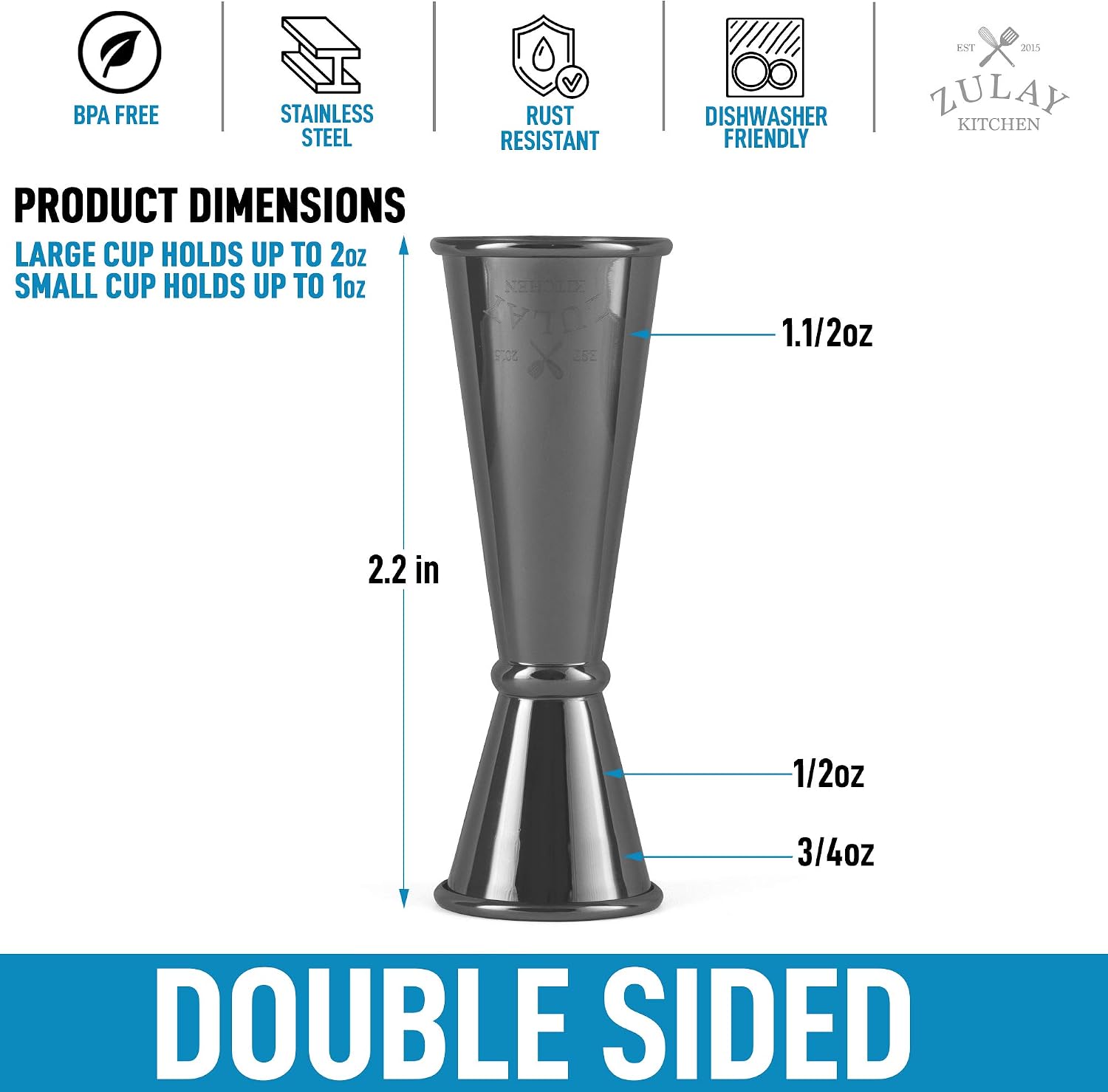 Zulay Kitchen Shot Measure Jigger For Bartending - Cocktail Jigger 18/8 Food-Grade Stainless Steel - Jigger 2 oz 1 oz Etched Markings - Cocktail Measuring Cup Japanese Jigger - Double Jigger (Black)