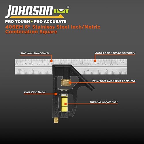 Miniatura 2 de Johnson Level & Tool 406EM Cuadrado combinado profesional en pulgadasmétricas, 6 pulgadas, plateado, 1 cuadrado*