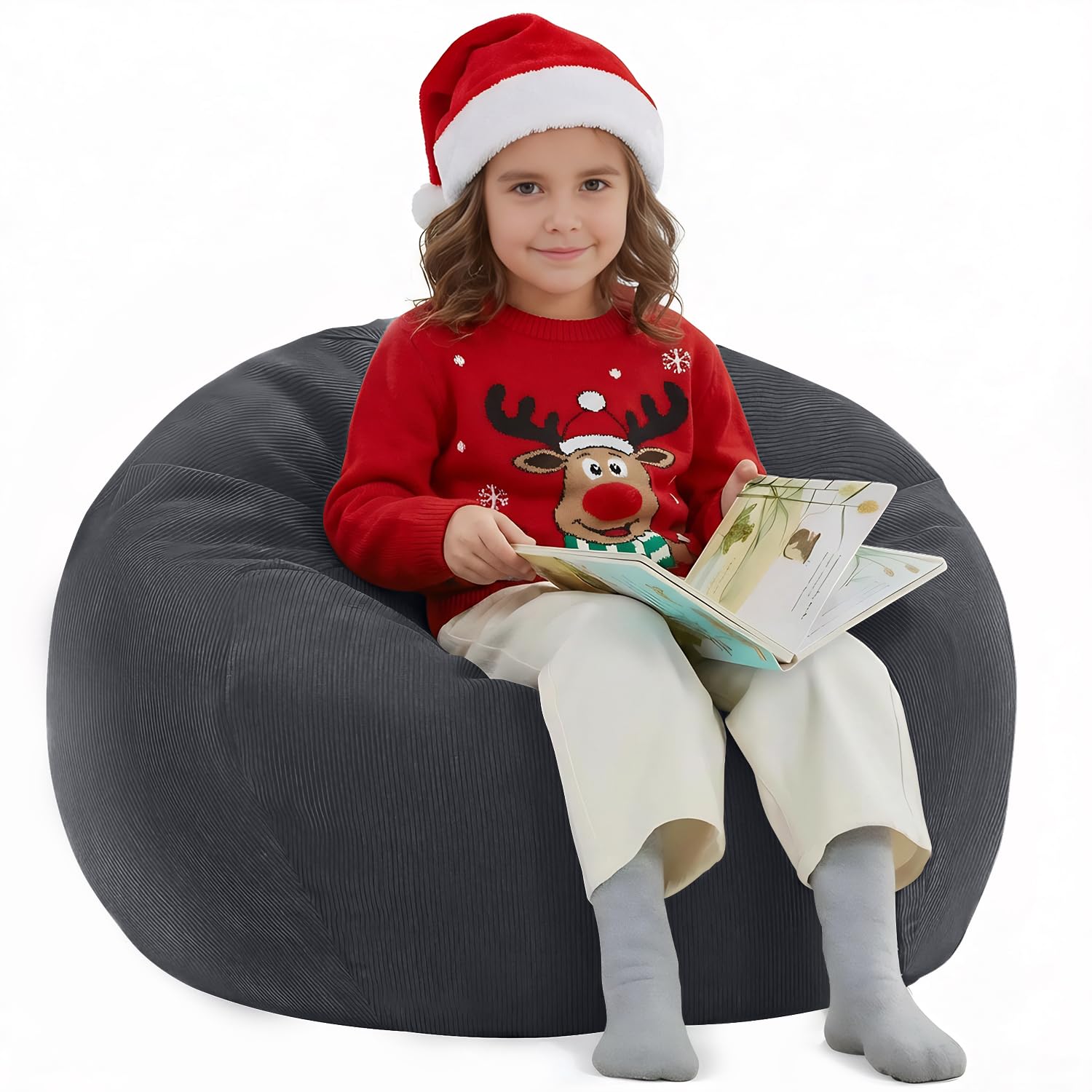 Nobildonna Bean Bag Chair Cover (No Filler) for Kids and Adults. Extra Large 300L Bean Bag Stuffed Animal Storage Washable Soft Premium Corduroy Stuffed Plush Toys Bean Bag Cover (Black Gray)