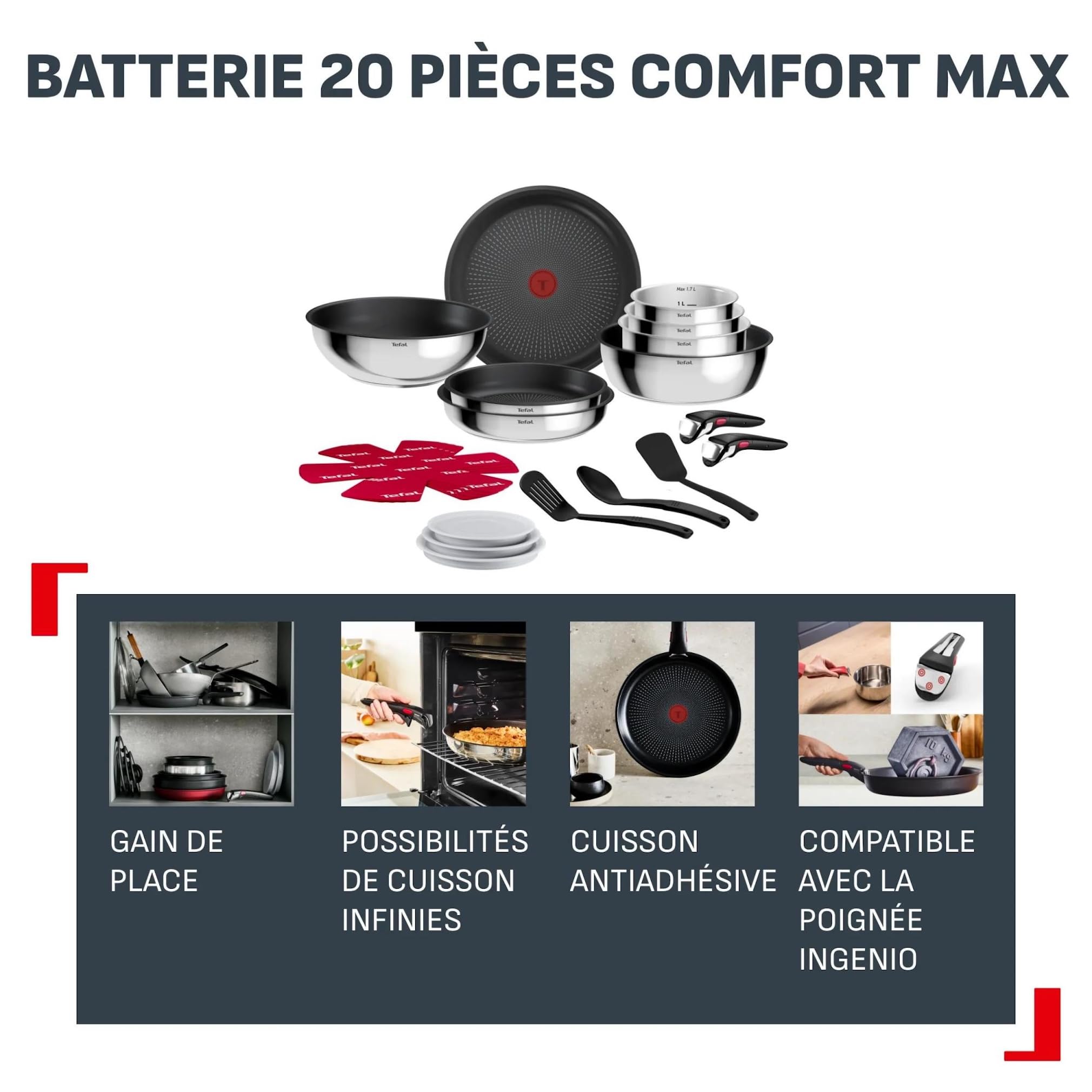 Tefal Comfort Max, Batterie de cuisine 20 pièces, Poêles et casseroles empilables, Design compact, Poignée amovible, L966SK44