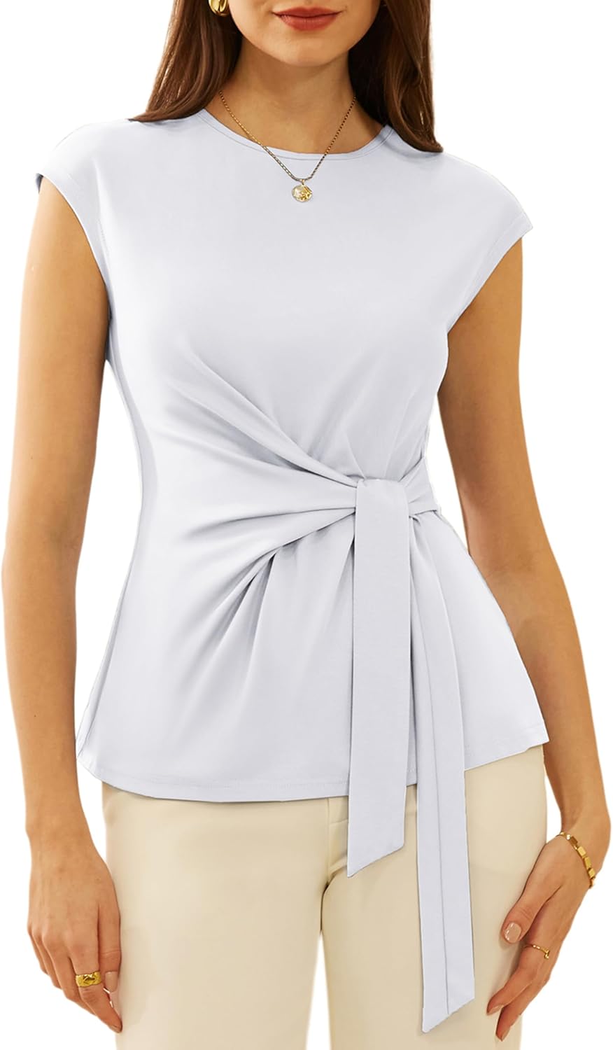 GRACE KARIN Womens Cap Sleeve Tops 2025 Summer Tie Waist Crew Neck Elegant Blouse Dressy Casual Work Business Shirts