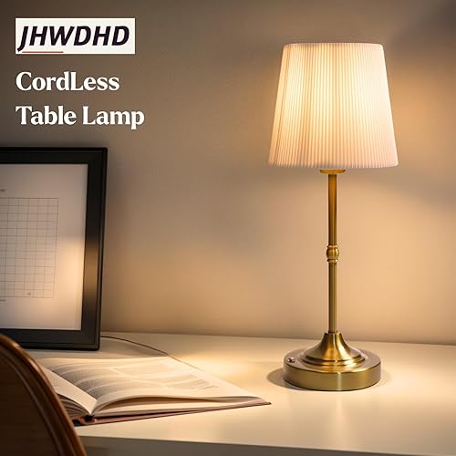 Miniatura 4 de Lámpara de mesa táctil inalámbrica para dormitorio, 5200 mAh recargable, funciona con pilas, luz de mesita de noche con pantalla de tela, atenuación