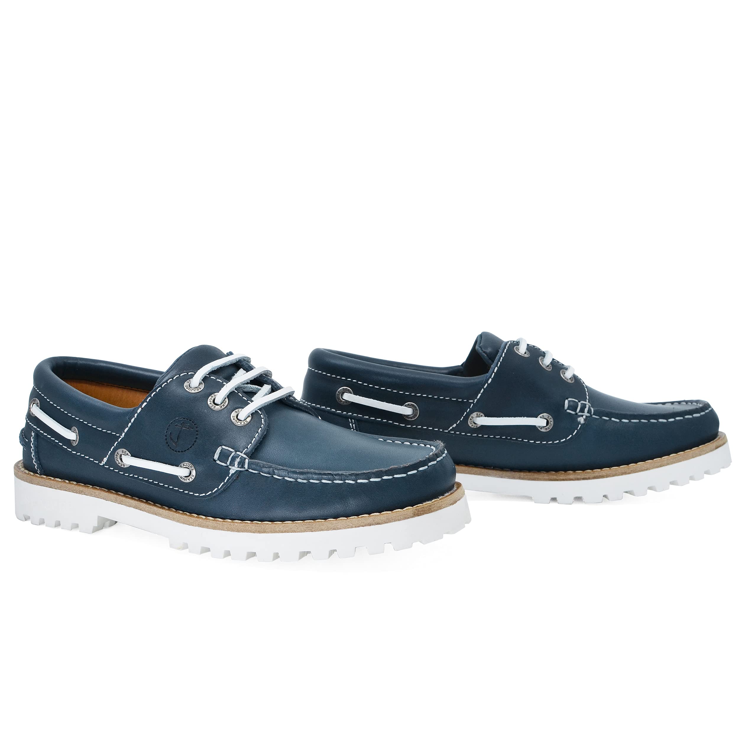 Seajure Chaussures Bateau pour Femme Sibang en Cuir Bleu Marine et Blanc