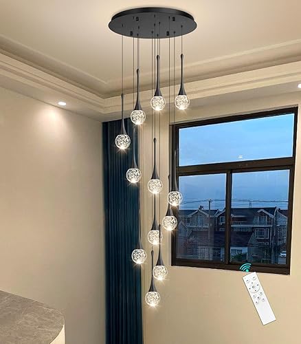 Miniatura 13 de 16 Luces Moderna Lámpara de Techo de Cristal con Diseño Glam para Techos Altos, Lámpara Colgante LED Regulable para Escalera, Vestíbulo, Entrada,