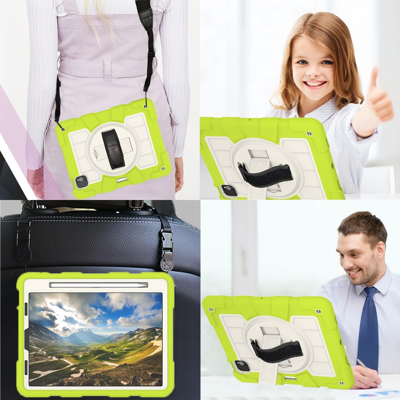 Custodia protettiva per tablet PC compatibile con iPad 2018 11"/2020 11", custodia protettiva antiurto integrale con guscio infrangibile W supporto girevole a 360° + cinturino da polso + custodia a