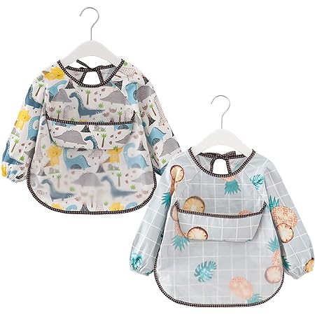 Lot De 2 Bebe Bavoirs Avec Manches Longues Impermeable Bavoirs Pour Les Repas De Bebe Bavoirs En Coton Avec Poche Tablier Lavable Pour 3 36 Mois Enfants Garcons Mangeant Peinture Et Jeu