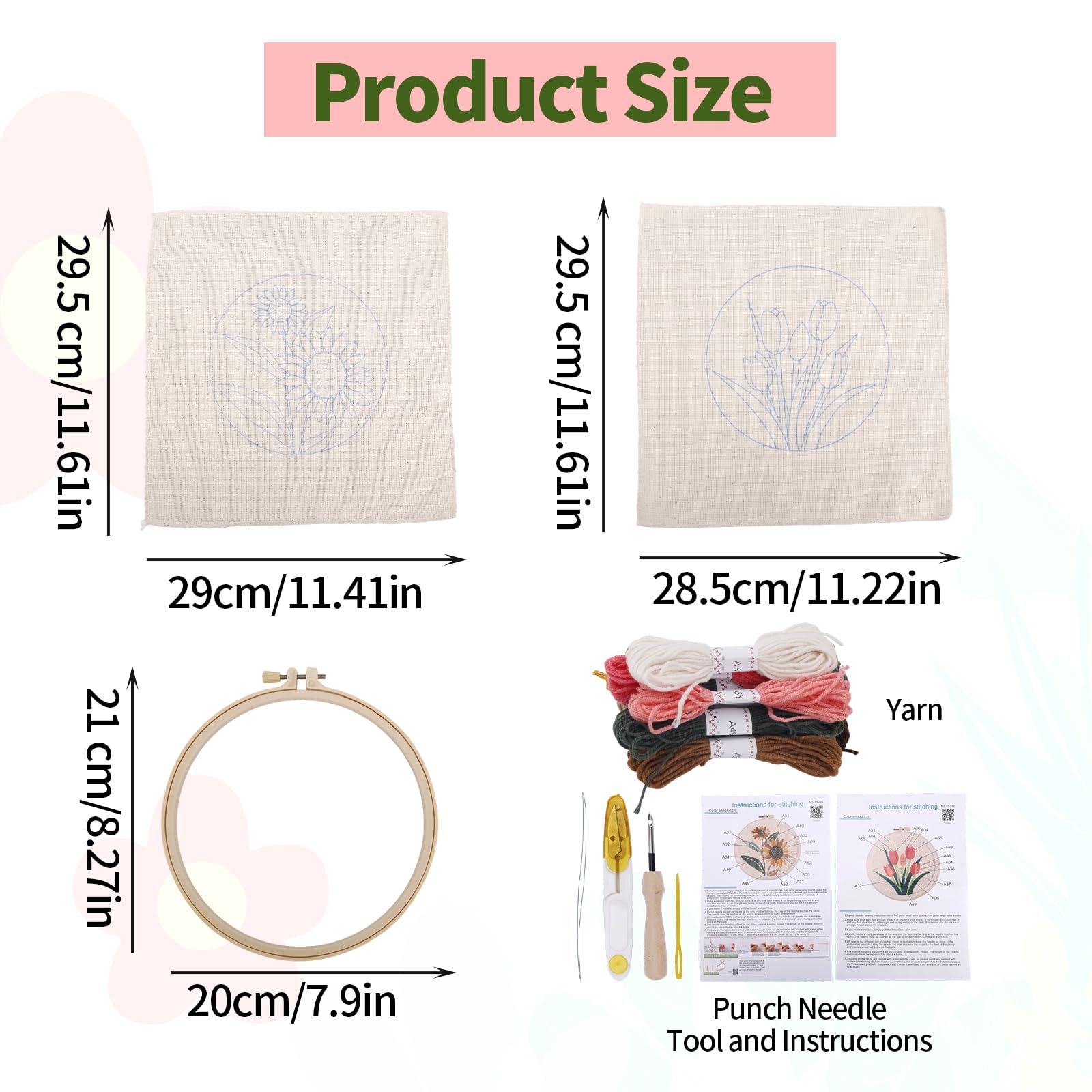 Penitue Kit Punch Needle, Modello Girasole e Tulipano Fai da Te Ricamo Floreale, Set Iniziale per Adulti Principianti Bambini con Tessuto Stampato Filati Aghi da Cucito Telaio Ricamo Infila-Fila