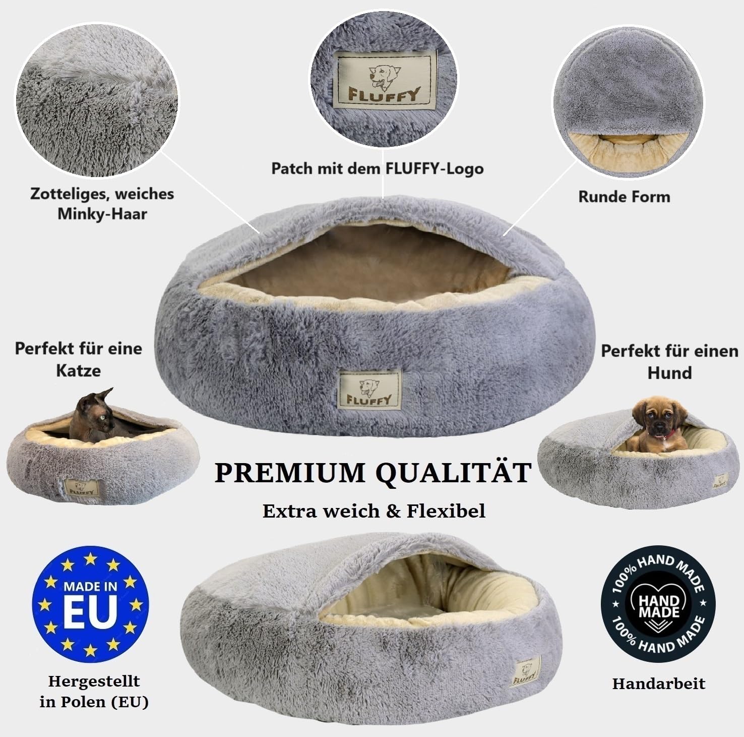KING DOG Hundebett Ø 70 cm überdachtes Hundebett Katzenhöhle Donut-Bett Plüsch-Kunstfell-Nest Flauschiges Rundes Hundekissen Hundesofa Katzenbett für kleine mittelgroße Hunde