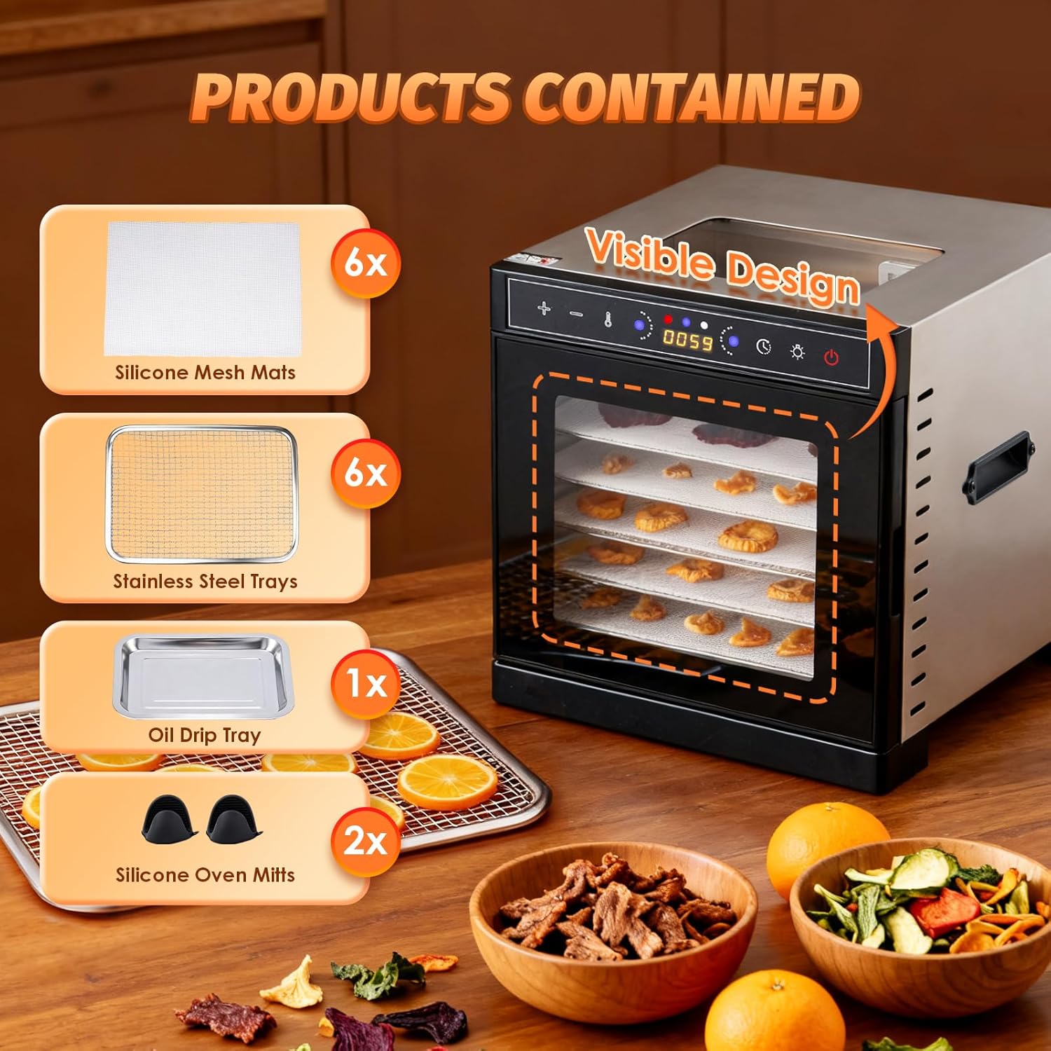 Food Dehydrator Machine 6 Stainless Steel Trays with 194°F Max Digital Contral, 400W Electric Food Dryer with Dual-View Windows Design, Fruit& Meat Dehydrator for Jerky Vegetables Dog Treats