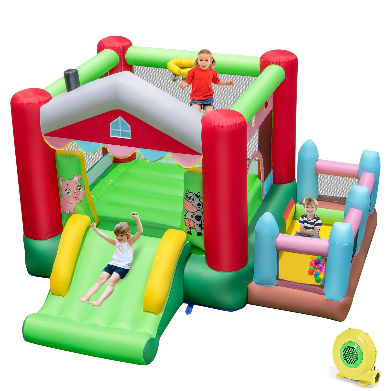 COSTWAY Kids Bouncy Castle, Inflatable Bounce House with Slide, Ball Pit, Basketball Hoop and Carry Bag, Children Blow Up Jumper for Indoor Outdoor (Farm with 480W Blower)