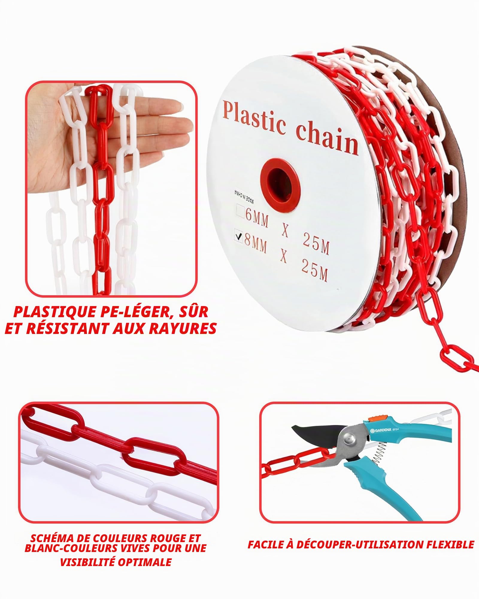Chaîne de signalisation rouge et blanc en plastique : Generic 25 m x 8 mm Chaîne de signalisation en plastique pour barrières temporaires Résistant aux UV pour installations extérieures pour les