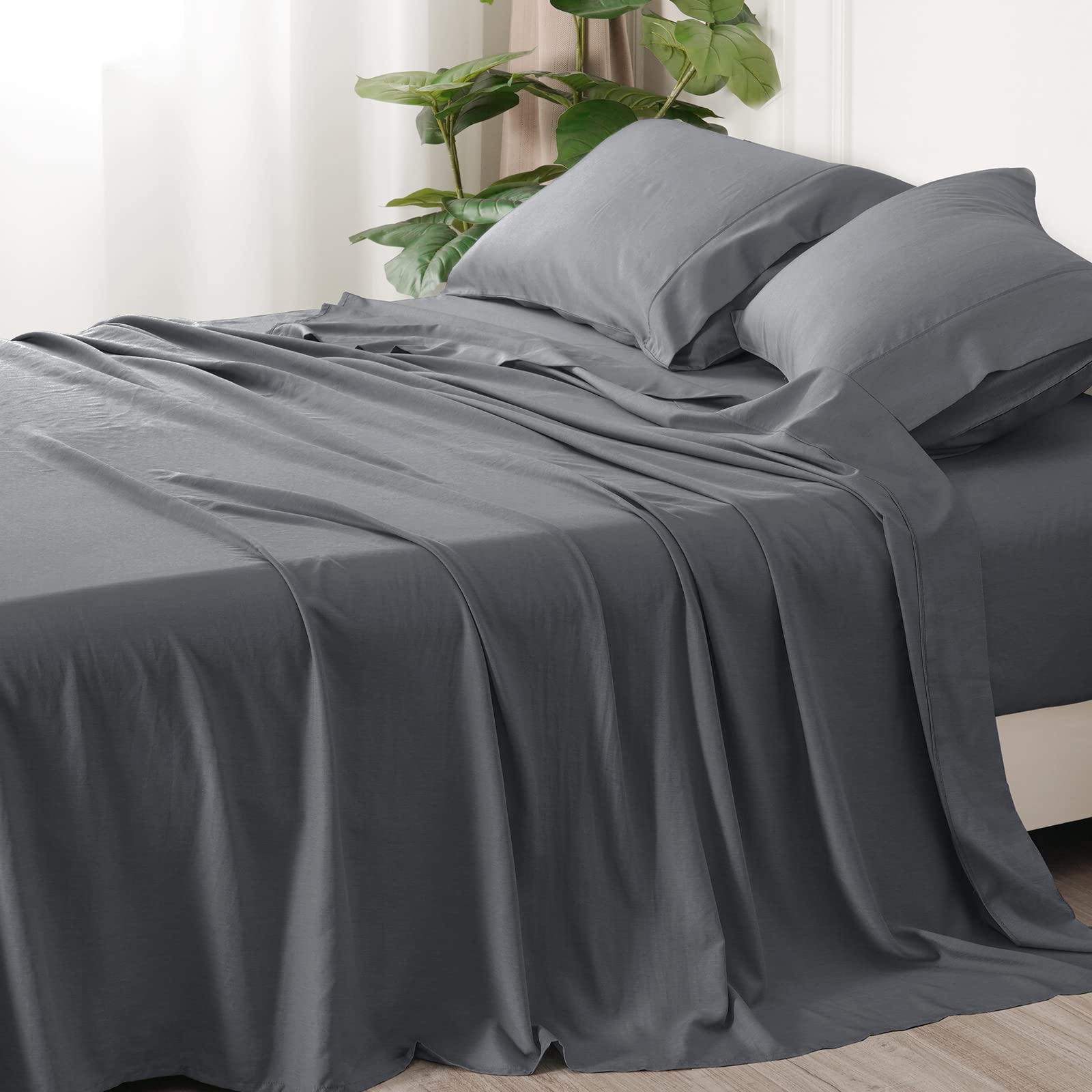 PHF Cooling Bamboo_ Sheets Set Queen Size, 4 Piece Silky Soft Viscose from Bamboo_ Bed Sheets, 1800 Thread Count 16 Inch Deep Pockets, Ultra Soft Smooth Breathable Bedding Sheets, Grey
