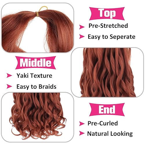 Miniatura 3 de Unionbeauty - Paquete de 8 extensiones de cabello trenzado rizado francés Ginger de 22 pulgadas, cabello trenzado ondulado suelto preestirado y