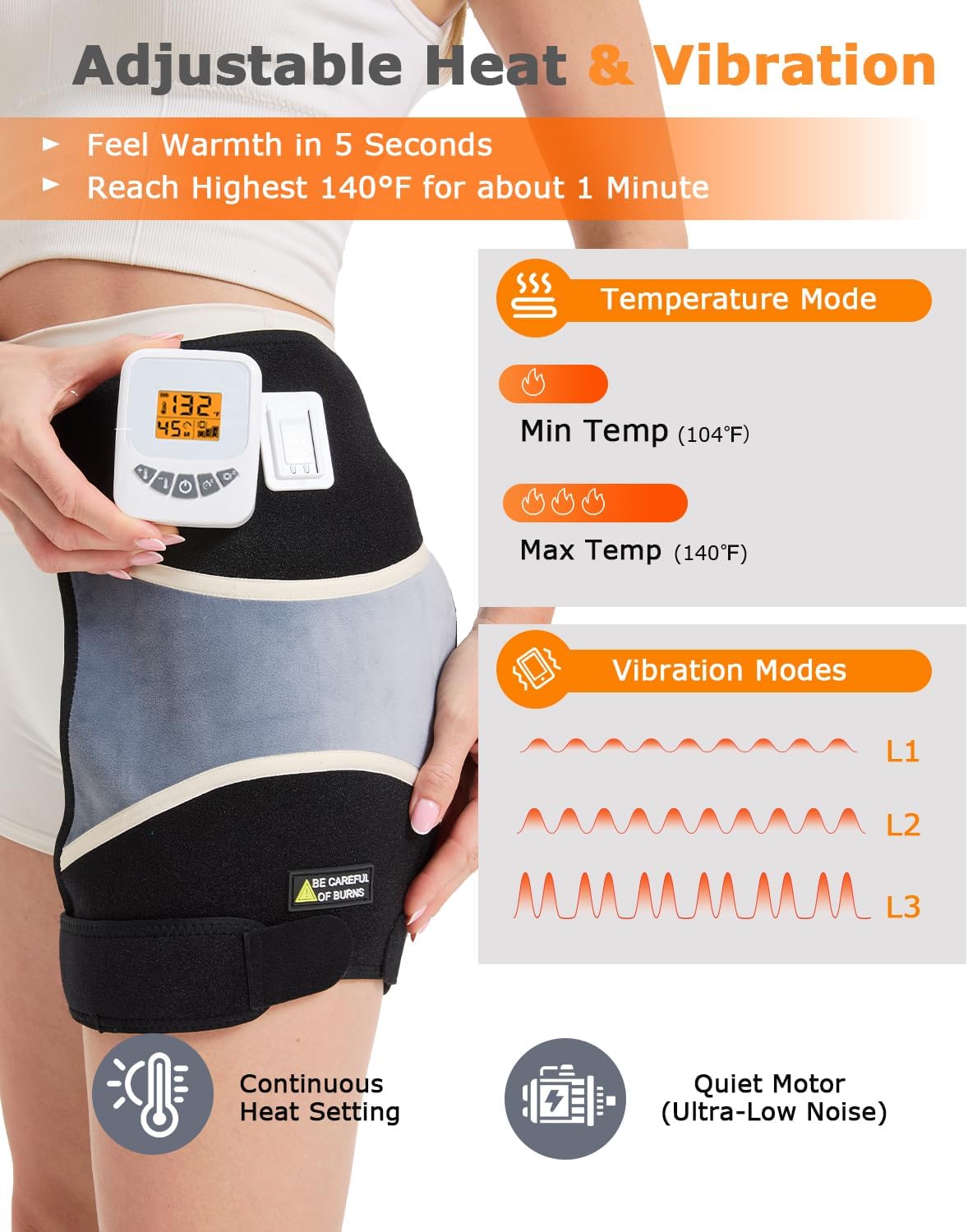 Cordless Hip Heating Pad for Sciatica Pain Relief - Rechargeable & Adjustable Size Hip Massager with 3-Level Vibration Massage, 104-140℉ Heated Hip Brace for Sciatica, Arthritis and Muscle Soothing