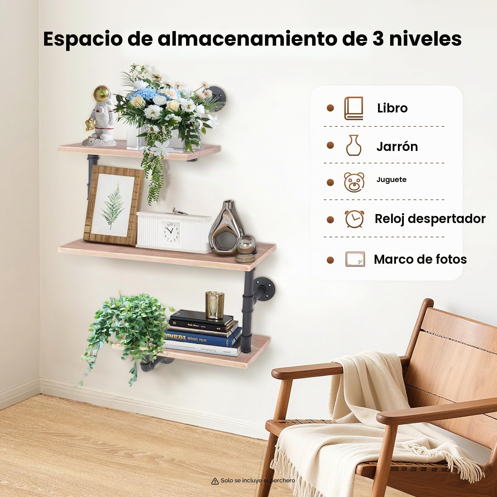 Estantería Flotante Industrial de 3 Capas - Madera Maciza y Metal - Estantes de Almacenamiento Vintage de Pared