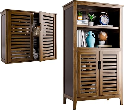 HITNET Bathroom Storage Cabinet Freestanding Wall Mounted Hanging Cabinet, Space Saving Medicine Cabinet Over Toilet, Bamboo Floor Cabinet, Walnut