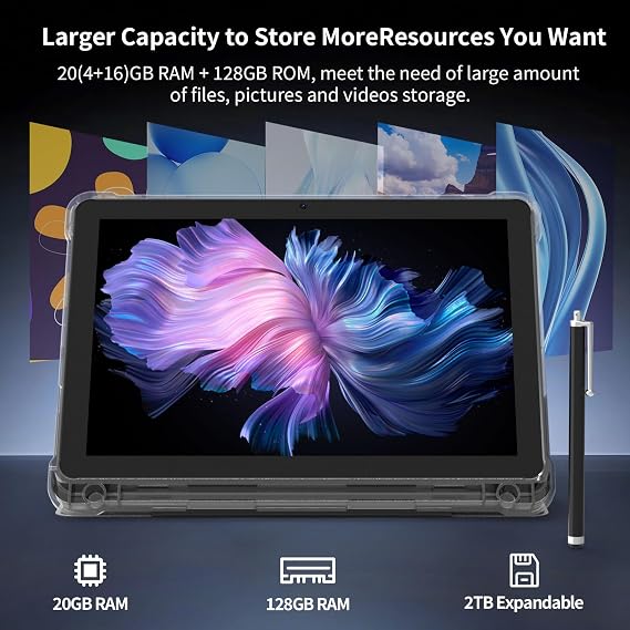 Android 15 Tablet 10 inch Tablets, 20GB RAM 128GB ROM 2TB Expand, 2.0Ghz CPU Quad-Core Processor Tablet PC with Case and Stylus, 5G WiFi6, BT5.0, 6000mAh Battery, Dual Camera, Widevine L1, GMS, Black