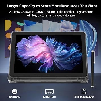 Android 15 Tablet 10 inch Tablets, 20GB RAM 128GB ROM 2TB Expand, 2.0Ghz CPU Quad-Core Processor Tablet PC with Case and Stylus, 5G WiFi6, BT5.0, 6000mAh Battery, Dual Camera, Widevine L1, GMS, Black