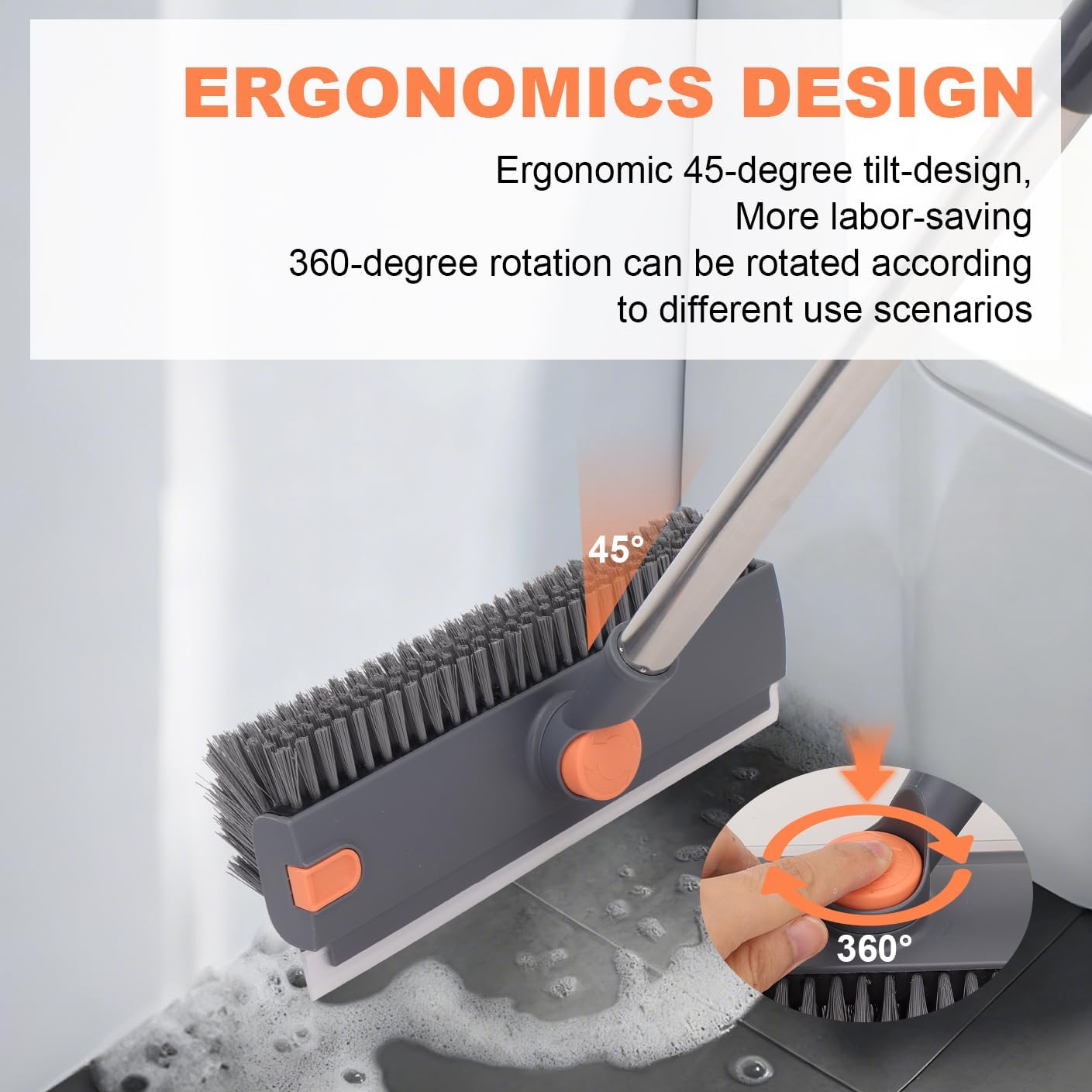Floor Scrub Brush with 64" Long Handle - 360° Swivel Heads Household Push Brush with Squeegee and Right Angled Bristle for Cleaning Concrete Floors Grout Gardens Patio Deck Concrete Garage Heavy Duty