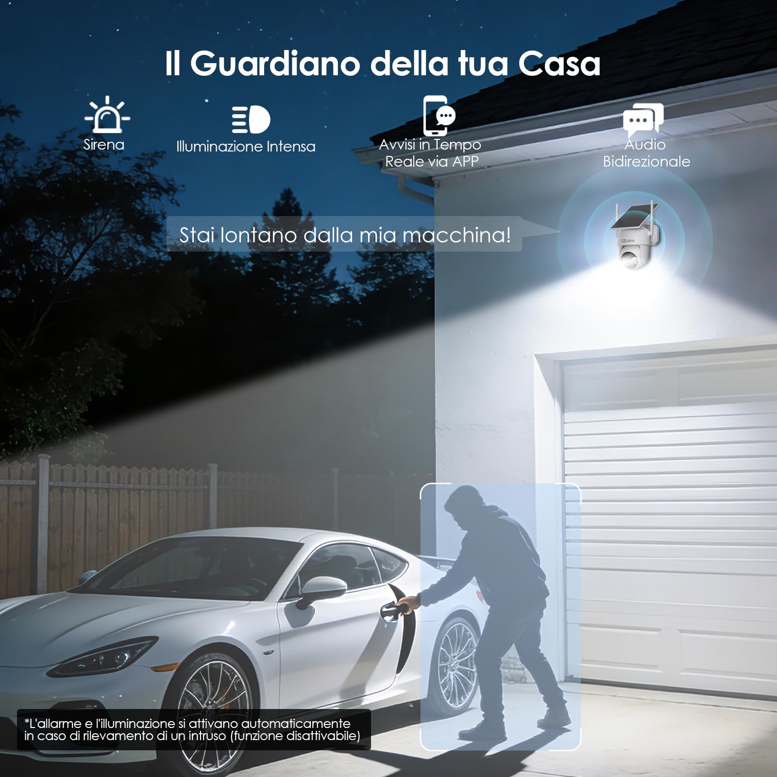 CZEview 2K Telecamera Wi-Fi Esterno con Pannello Solare, 360° PTZ, Videocamera Sorveglianza, Rilevazione di Movimento PIR con Allarme, IP65