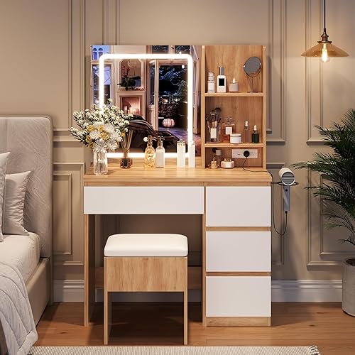 Miniatura 4 de Escritorio de tocador de maquillaje con espejo iluminado, juego de tocador con 4 cajones, toma de corriente, taburete de almacenamiento, estantes de